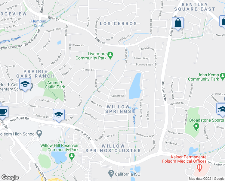 map of restaurants, bars, coffee shops, grocery stores, and more near 1082 Mallard Circle in Folsom