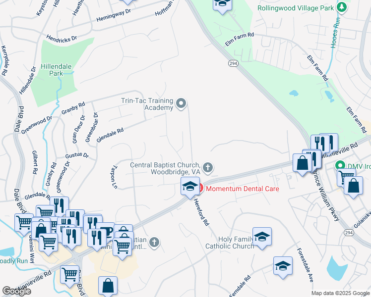 map of restaurants, bars, coffee shops, grocery stores, and more near 3919 Dutch Elm Court in Woodbridge
