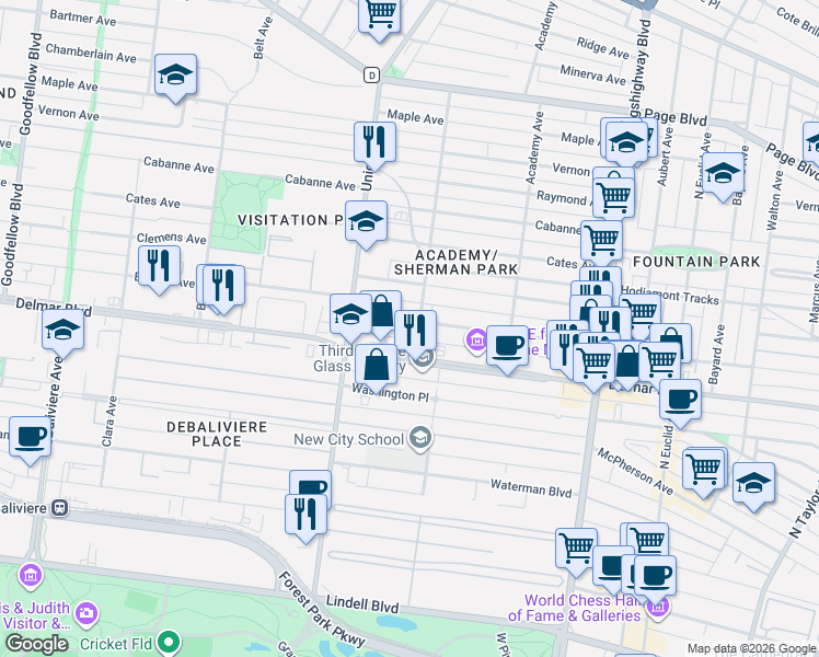 map of restaurants, bars, coffee shops, grocery stores, and more near 5224 Enright Avenue in St. Louis