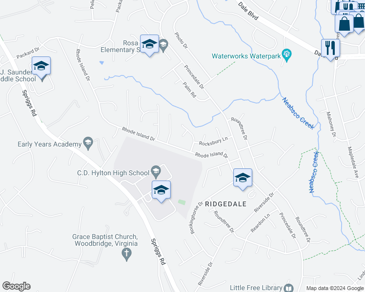 map of restaurants, bars, coffee shops, grocery stores, and more near 5742 Rhode Island Drive in Woodbridge