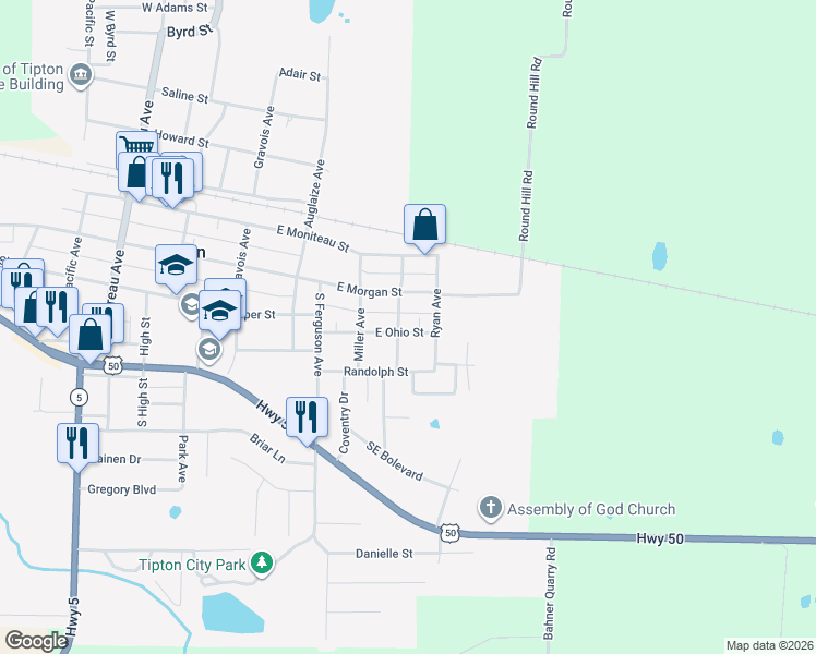 map of restaurants, bars, coffee shops, grocery stores, and more near 611 East Ohio Street in Tipton