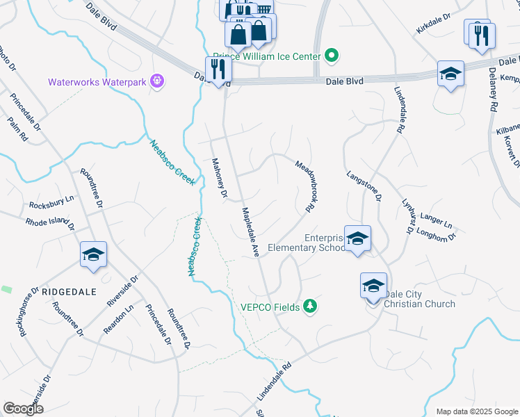map of restaurants, bars, coffee shops, grocery stores, and more near 5282 Mantle Court in Woodbridge