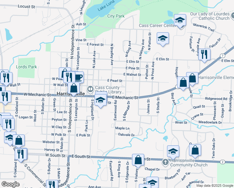 map of restaurants, bars, coffee shops, grocery stores, and more near 804 East Mechanic Street in Harrisonville