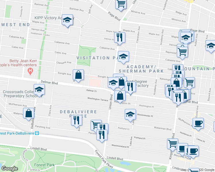 map of restaurants, bars, coffee shops, grocery stores, and more near 5316 Savoy Court in St. Louis