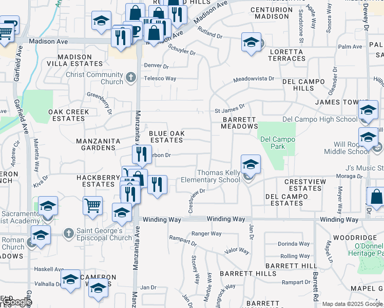map of restaurants, bars, coffee shops, grocery stores, and more near 6045 Bourbon Drive in Carmichael