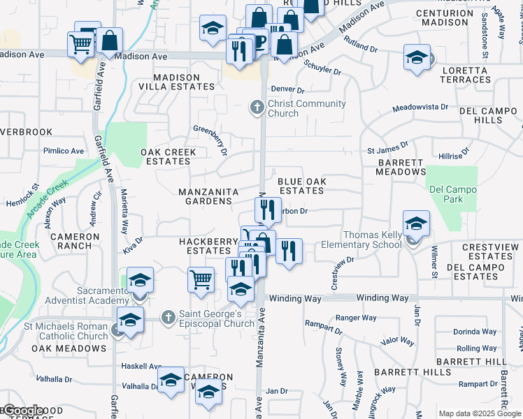map of restaurants, bars, coffee shops, grocery stores, and more near in Carmichael