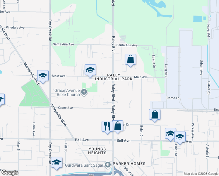 map of restaurants, bars, coffee shops, grocery stores, and more near 4725 Raley Boulevard in Sacramento