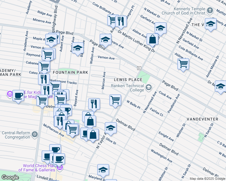 map of restaurants, bars, coffee shops, grocery stores, and more near 4557 McMillan Avenue in St. Louis