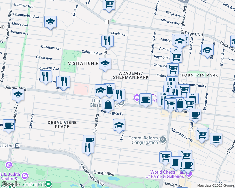 map of restaurants, bars, coffee shops, grocery stores, and more near 5224 Enright Avenue in St. Louis