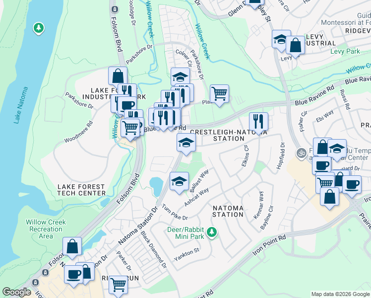 map of restaurants, bars, coffee shops, grocery stores, and more near 351 Seaton Drive in Folsom