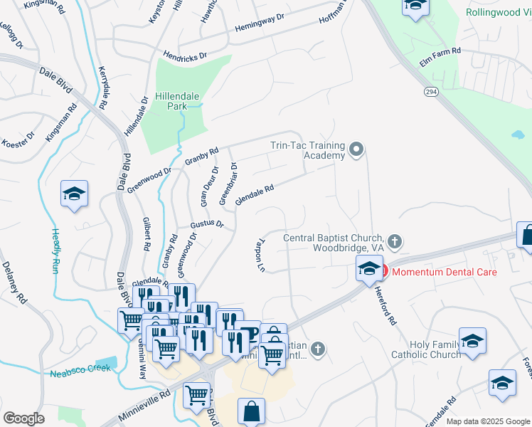 map of restaurants, bars, coffee shops, grocery stores, and more near 13709 Bluefin Drive in Woodbridge