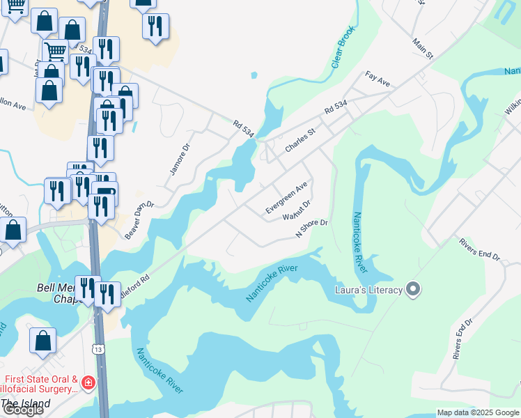 map of restaurants, bars, coffee shops, grocery stores, and more near 9701 Evergreen Avenue in Seaford