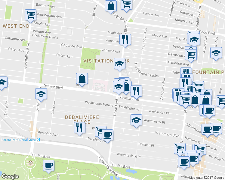 map of restaurants, bars, coffee shops, grocery stores, and more near 5316 Savoy Court in St. Louis