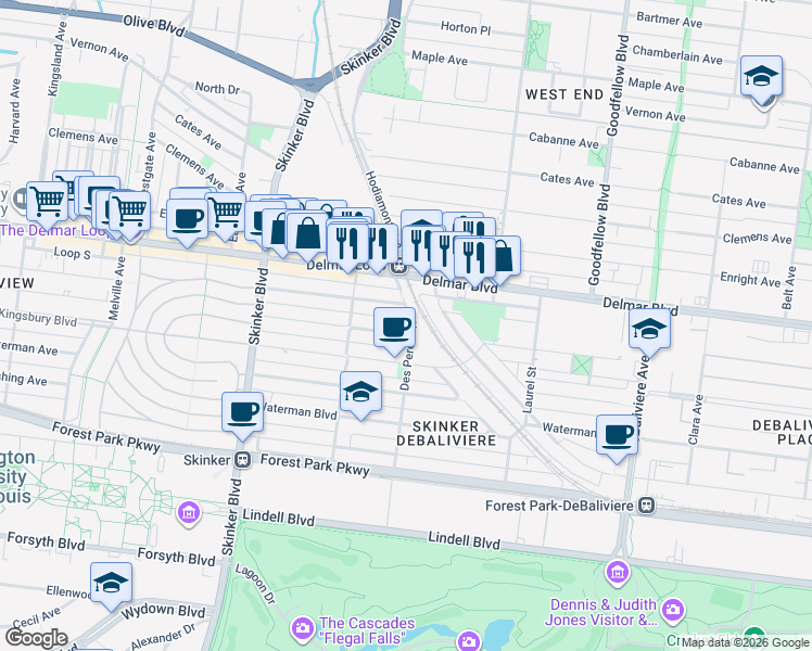 map of restaurants, bars, coffee shops, grocery stores, and more near 6001 Westminster Place in St. Louis