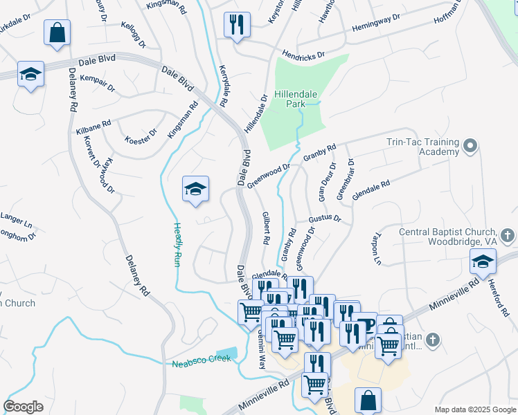 map of restaurants, bars, coffee shops, grocery stores, and more near 13708 Gilbert Road in Woodbridge