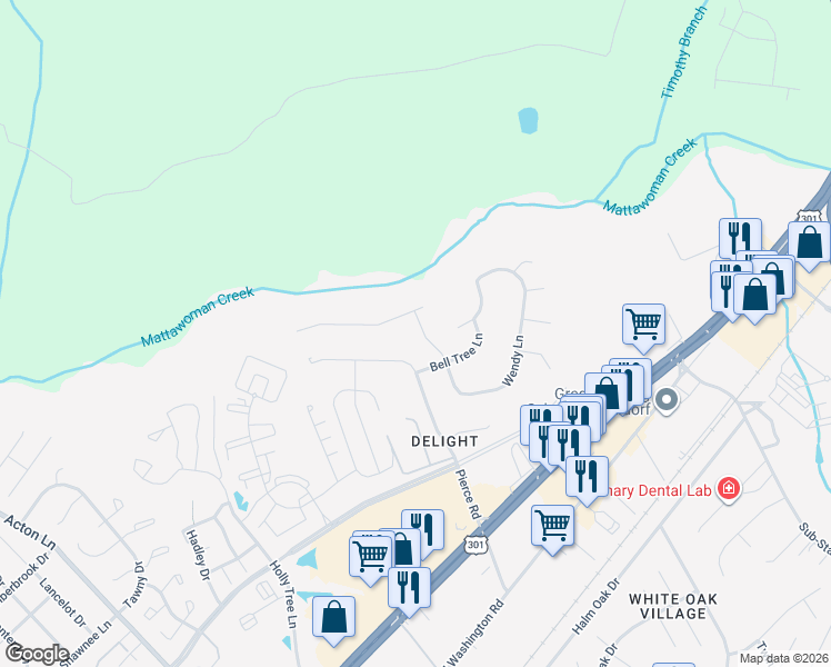 map of restaurants, bars, coffee shops, grocery stores, and more near 12105 Silver Maple Drive in Waldorf