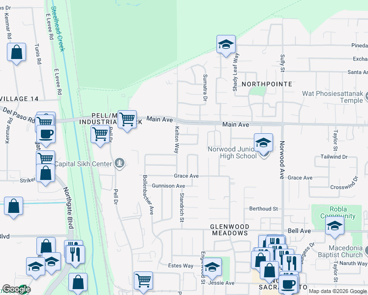 map of restaurants, bars, coffee shops, grocery stores, and more near 208 Arbor Crest Way in Sacramento