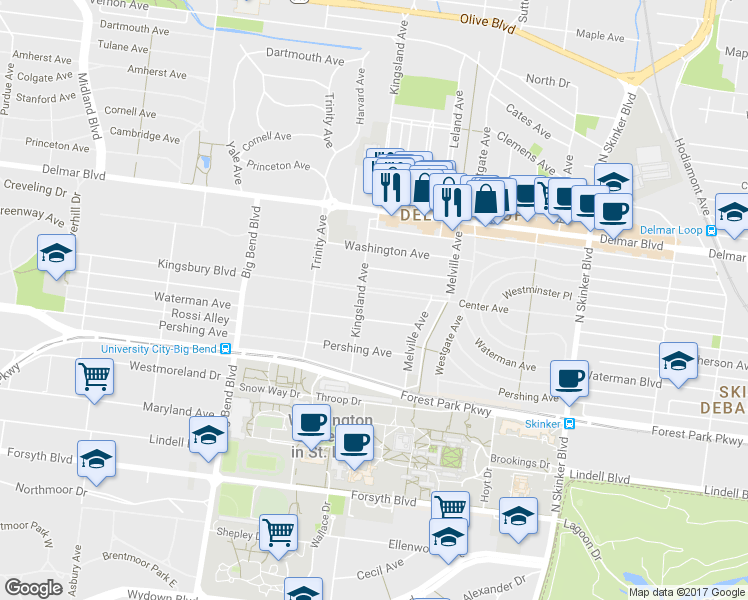 map of restaurants, bars, coffee shops, grocery stores, and more near 6652 Kingsbury Boulevard in University City