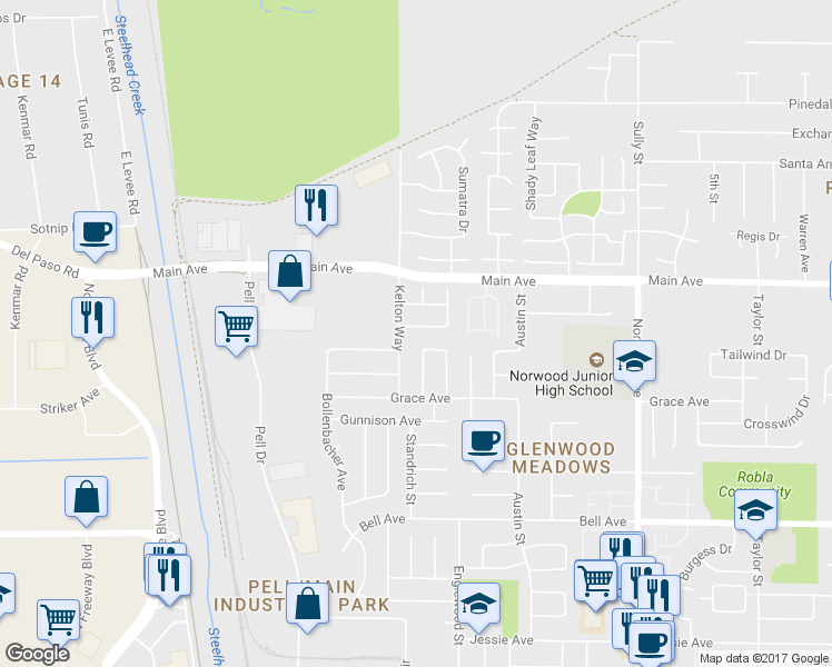 map of restaurants, bars, coffee shops, grocery stores, and more near 208 Arbor Crest Way in Sacramento