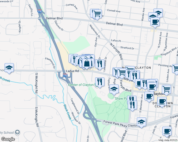 map of restaurants, bars, coffee shops, grocery stores, and more near 8811a Ladue Road in Clayton