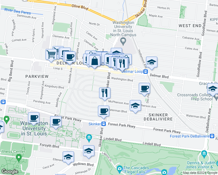 map of restaurants, bars, coffee shops, grocery stores, and more near 454 North Skinker Boulevard in St. Louis