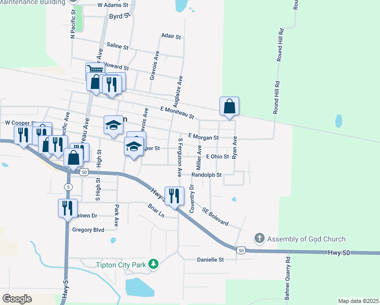 map of restaurants, bars, coffee shops, grocery stores, and more near 419 East Ohio Street in Tipton