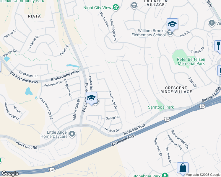 map of restaurants, bars, coffee shops, grocery stores, and more near 432 Lone Spur Drive in Folsom