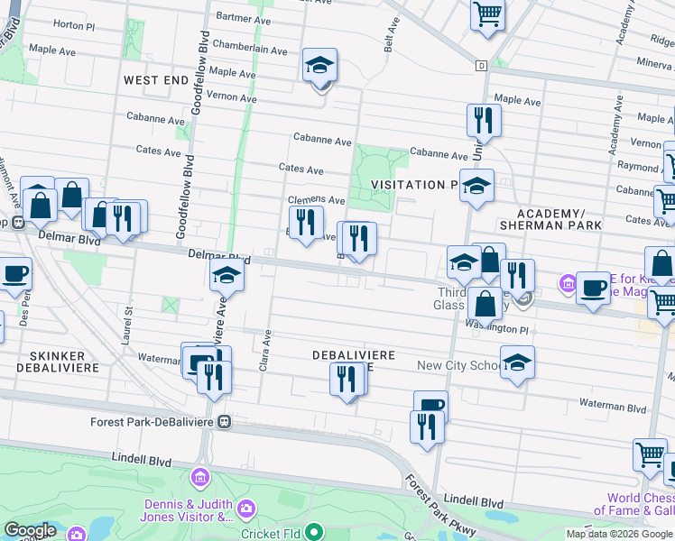 map of restaurants, bars, coffee shops, grocery stores, and more near in St. Louis