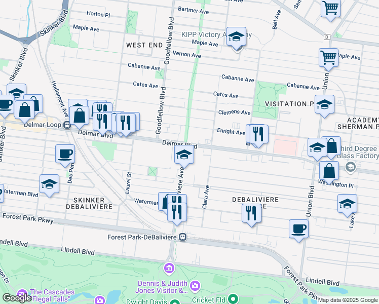 map of restaurants, bars, coffee shops, grocery stores, and more near 5622 Delmar Boulevard in St. Louis