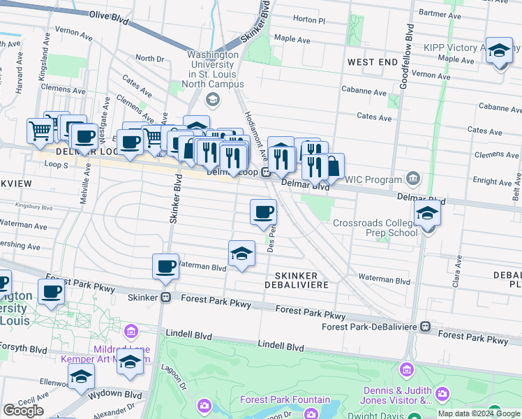 map of restaurants, bars, coffee shops, grocery stores, and more near 518 Des Peres Avenue in St. Louis