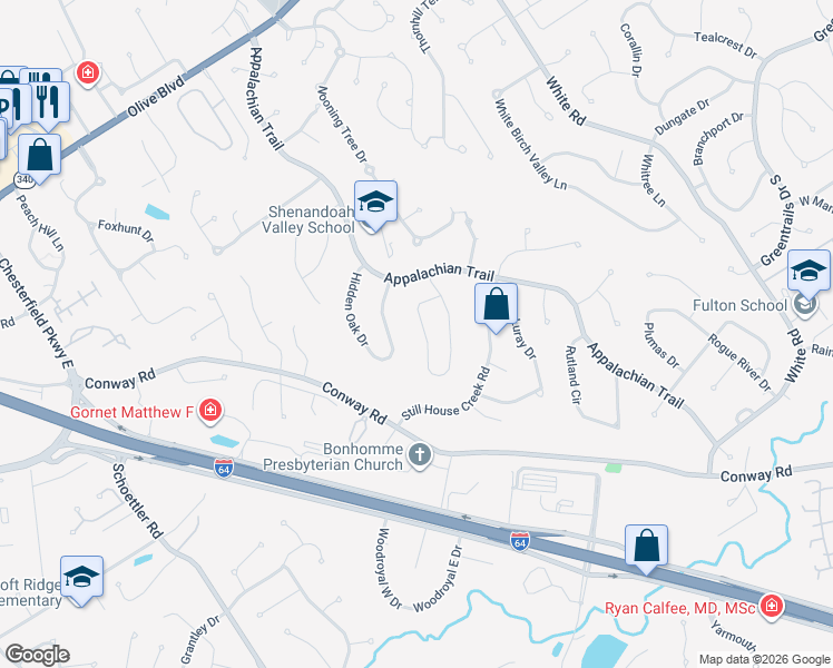 map of restaurants, bars, coffee shops, grocery stores, and more near 1257 Kennebec Rd in Chesterfield