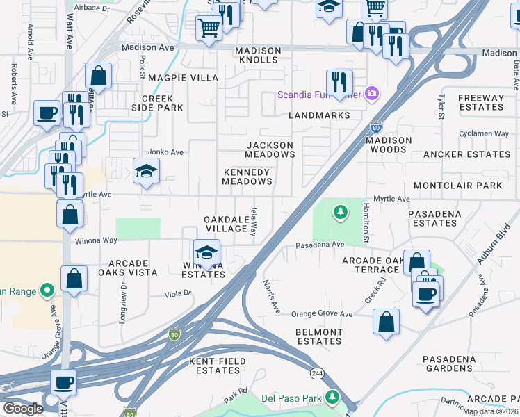 map of restaurants, bars, coffee shops, grocery stores, and more near 4832 Jela Way in North Highlands