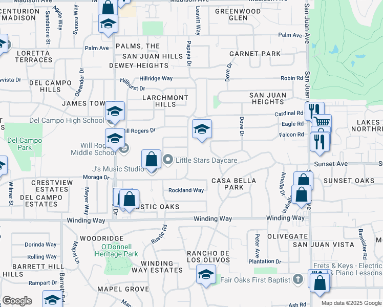 map of restaurants, bars, coffee shops, grocery stores, and more near 4864 Papaya Drive in Fair Oaks