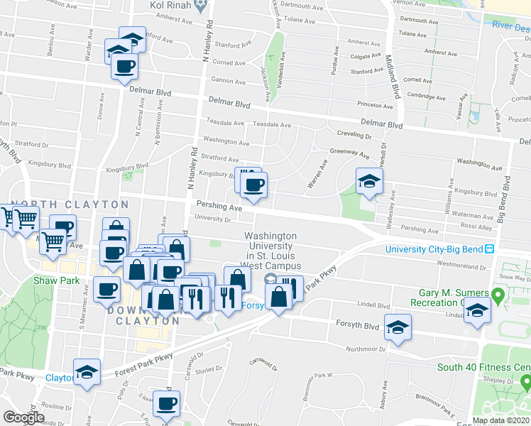 map of restaurants, bars, coffee shops, grocery stores, and more near 7386 Pershing Avenue in St. Louis