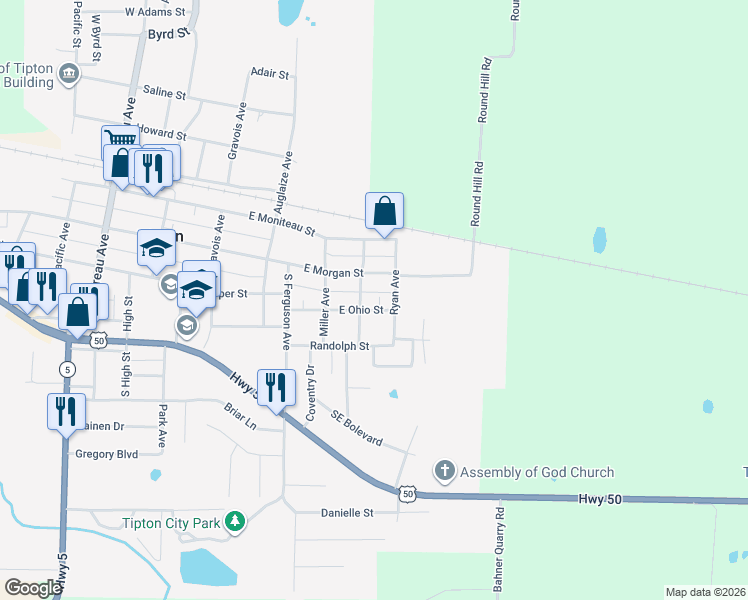 map of restaurants, bars, coffee shops, grocery stores, and more near 611-641 East Ohio Street in Tipton