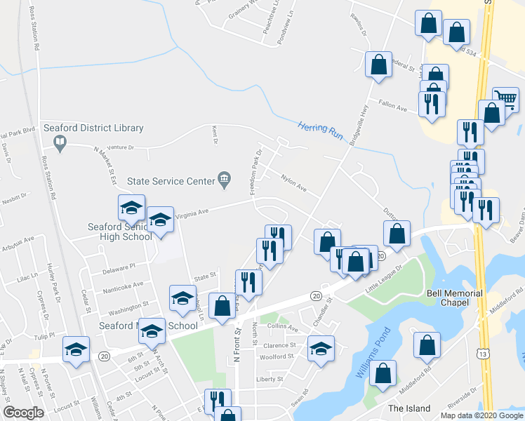 map of restaurants, bars, coffee shops, grocery stores, and more near 11 Robinson Circle in Seaford