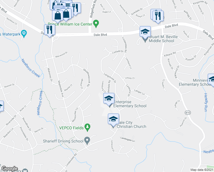 map of restaurants, bars, coffee shops, grocery stores, and more near 13810 Lindendale Road in Woodbridge