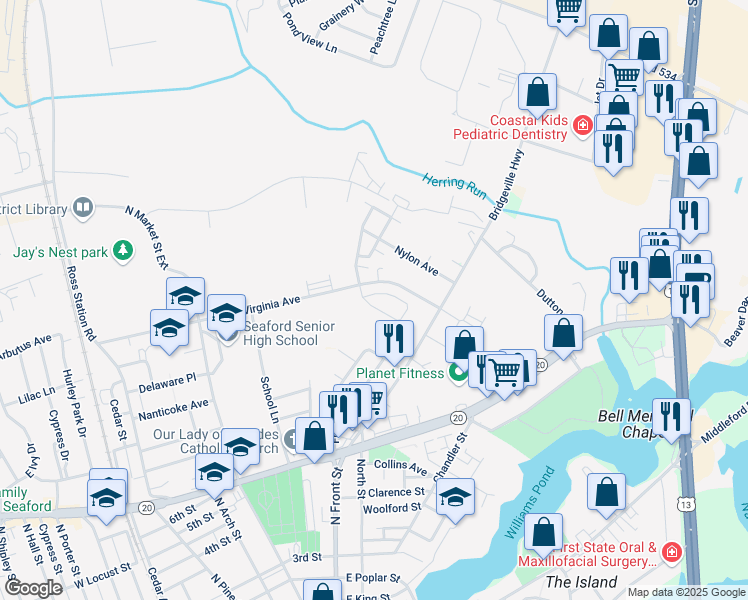 map of restaurants, bars, coffee shops, grocery stores, and more near 11 Robinson Circle in Seaford