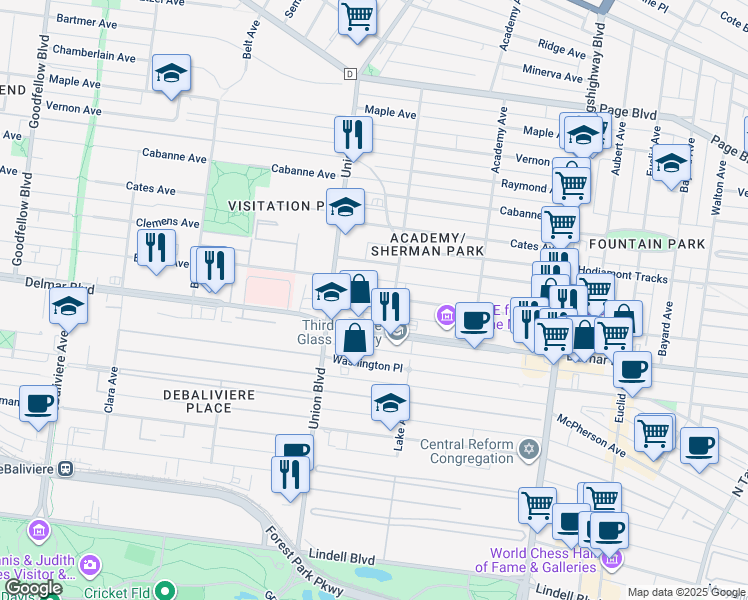 map of restaurants, bars, coffee shops, grocery stores, and more near 5224 Enright Avenue in St. Louis