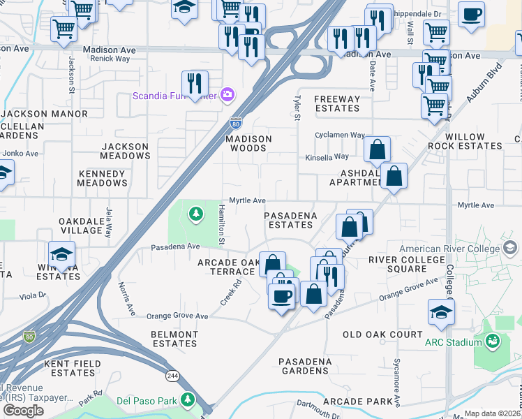 map of restaurants, bars, coffee shops, grocery stores, and more near 4843 Paladena Street in Sacramento