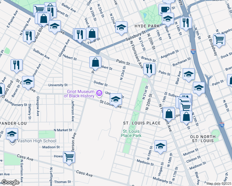 map of restaurants, bars, coffee shops, grocery stores, and more near 2301 University Street in St. Louis