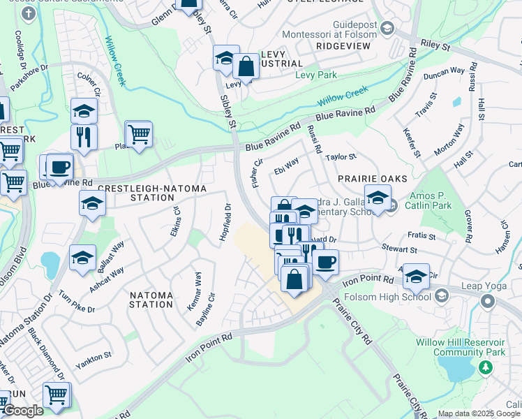 map of restaurants, bars, coffee shops, grocery stores, and more near 588 Fisher Circle in Folsom