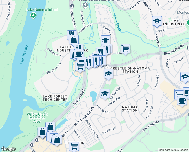 map of restaurants, bars, coffee shops, grocery stores, and more near 193 Blue Ravine Road in Folsom