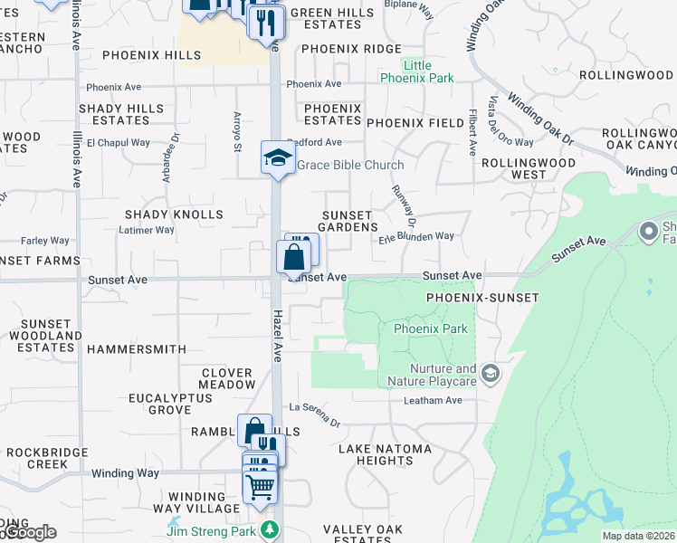 map of restaurants, bars, coffee shops, grocery stores, and more near 8961 Sunset Avenue in Fair Oaks