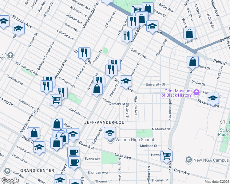 map of restaurants, bars, coffee shops, grocery stores, and more near 2754 Bacon Street in St. Louis