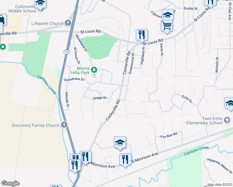 map of restaurants, bars, coffee shops, grocery stores, and more near 805 Birch Drive in Collinsville
