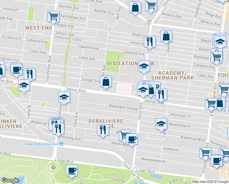 map of restaurants, bars, coffee shops, grocery stores, and more near 2 Beverly Pl in St Louis