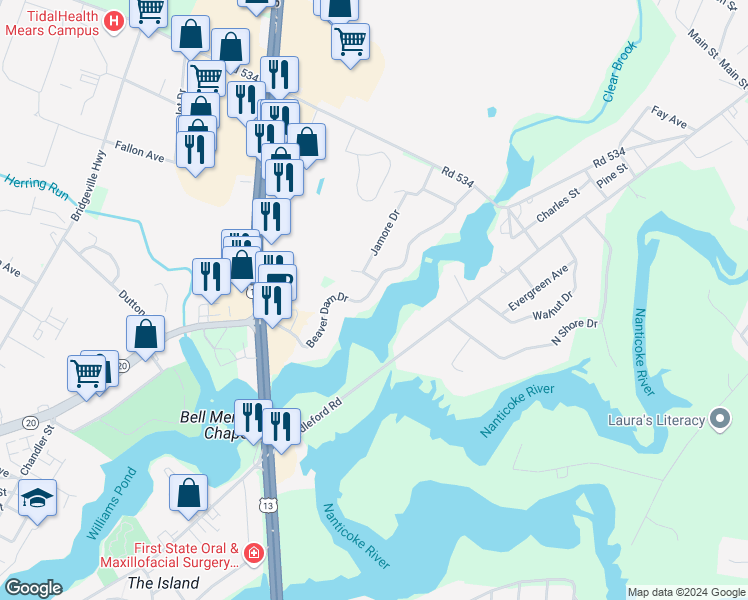 map of restaurants, bars, coffee shops, grocery stores, and more near 24313 Beaver Dam Drive in Seaford