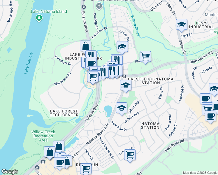 map of restaurants, bars, coffee shops, grocery stores, and more near 193 Blue Ravine Road in Folsom