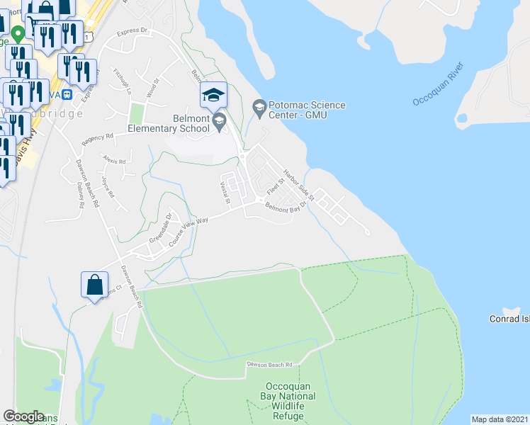 map of restaurants, bars, coffee shops, grocery stores, and more near 620 Watermans Drive in Woodbridge